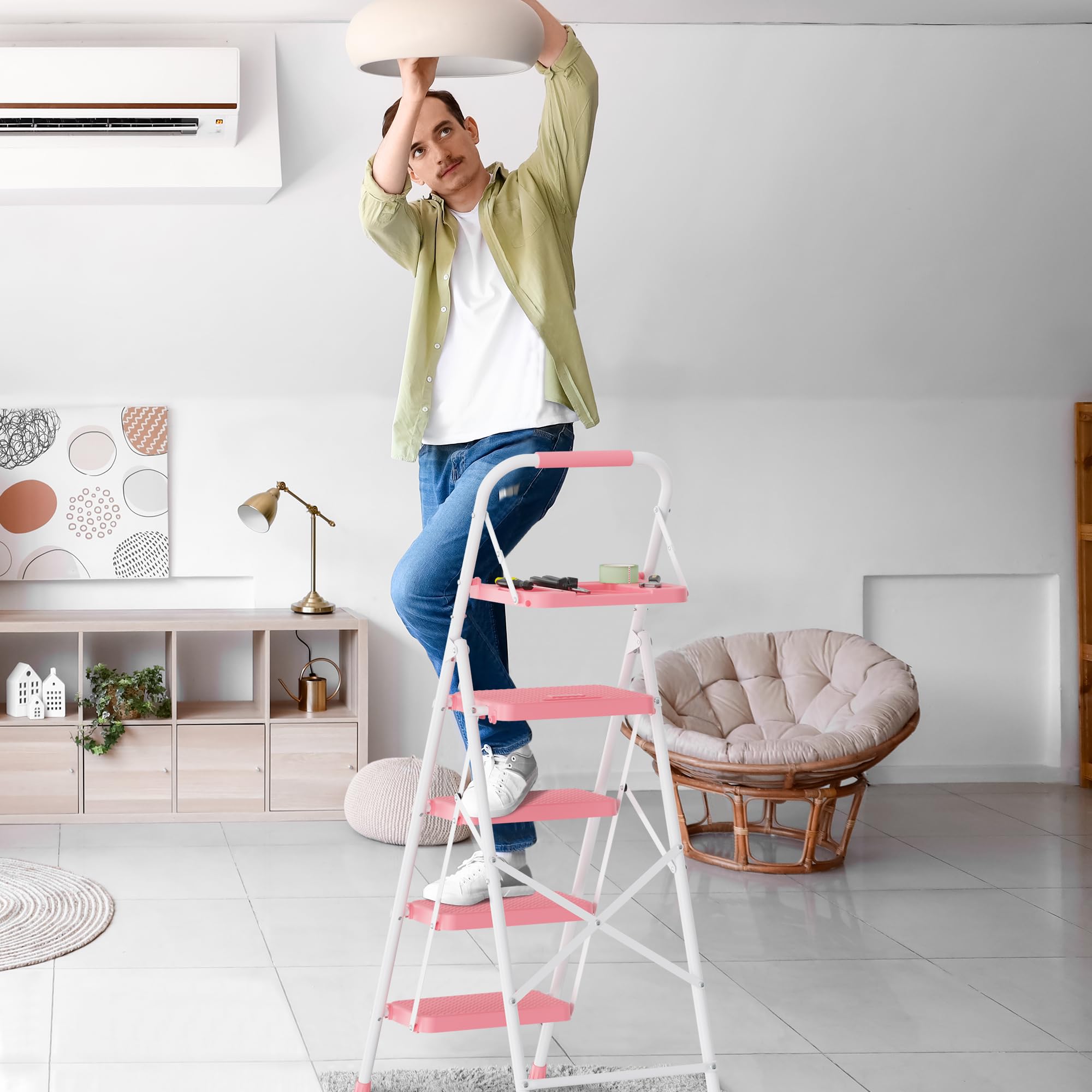 BONTEC 4 Step Ladder Folding, Heavy Duty Foldable Step Stool with Wide Anti-Slip Pedals, Sponge Handrail and Tool Tray, Portable Household Ladder 150kg Capacity, Compact Collapsible Indoor Ladder