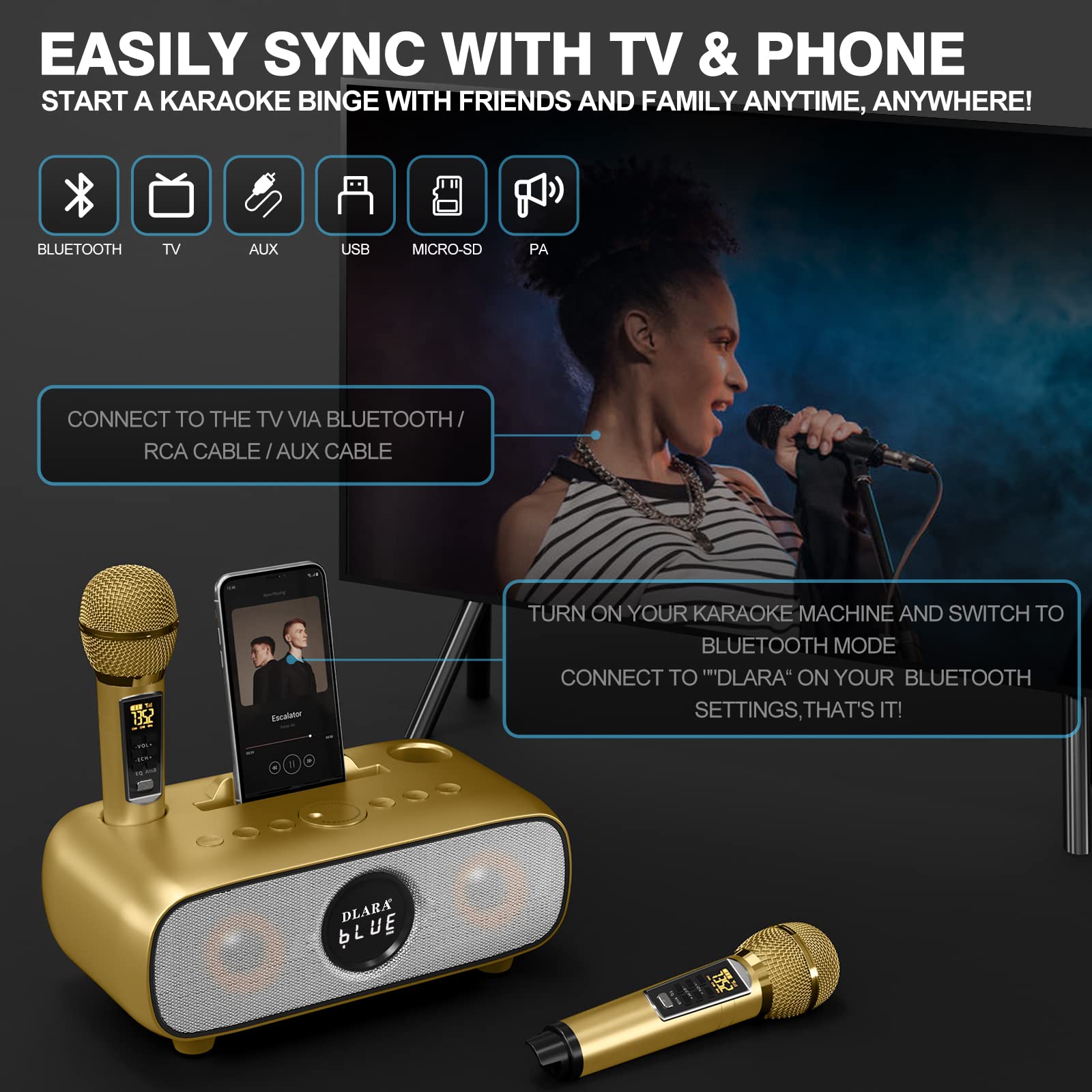 Upgrade Karaoke Machine for Adults and Kids,Portable Bluetooth 2 UHF Wireless Karaoke Microphone with Holder/USB/TF Card/AUX-in,PA Speaker System for Home Party, Picnic,Car,Outdoor/Indoor-Grey