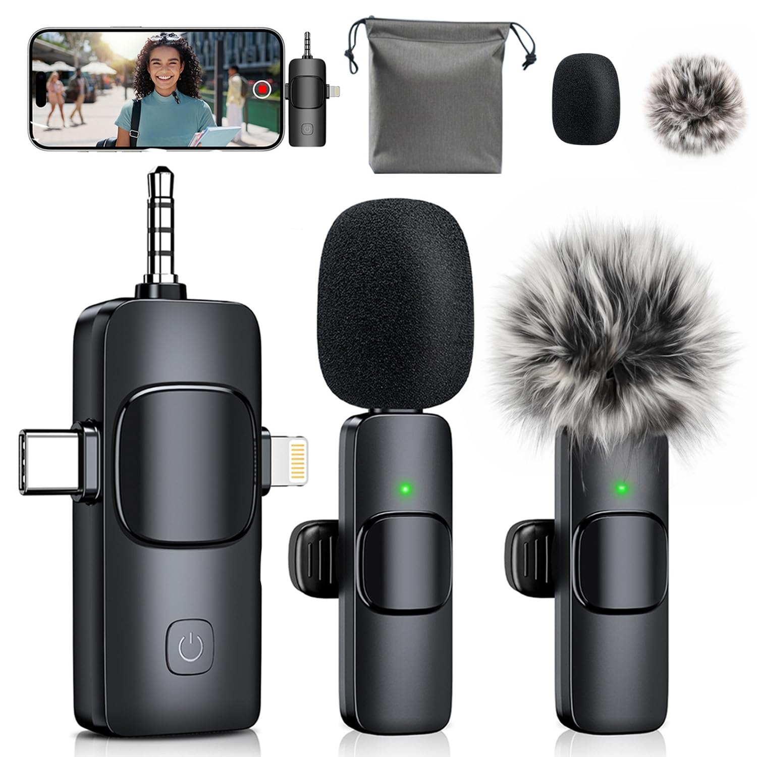 MENERESAS Mini Microphone for iPhone/Android: 3-in-1 Wireless Lavalier Microphone with Noise Reduction and Crystal Sound for Camera, Professional Video Recording, YouTube, TikTok