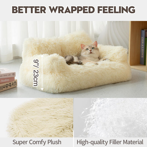 MEWOOFUN Stylish Cat Bed Sofa Large for Indoor Cats, Plush Washable Couch, Small Dog Beds, Soft Calming with Anti-Slip Bottom, Beige