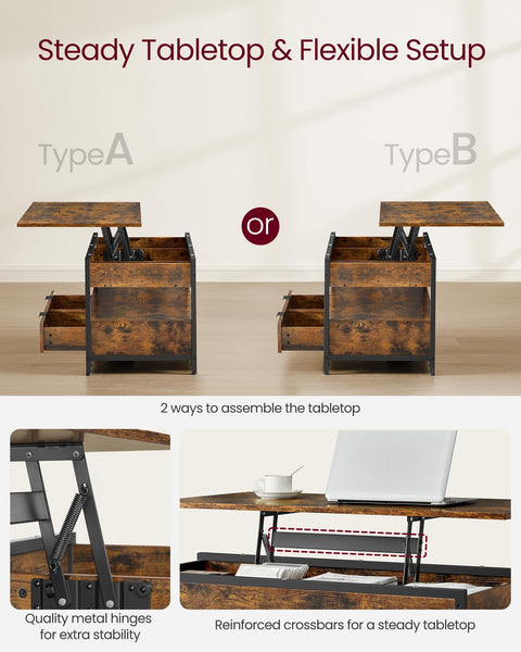 VASAGLE Lift Top Coffee Table, Living Room Table, with Storage Drawers, Hidden Compartments, and Open Shelf, Rustic Brown and Ink Black LCT209K01