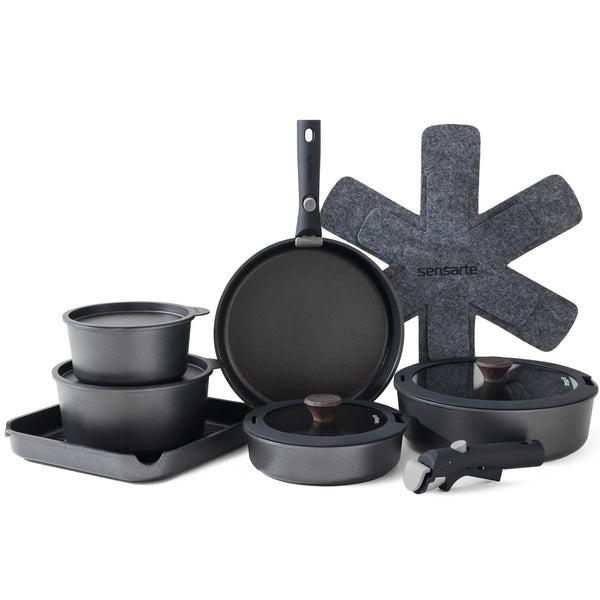 SENSARTE 17 Piece Pots and Pans Set, Nonstick Detachable Handle Cookware, Induction Kitchen Cookware Set with Removable Handle, Healthy Non Stick RV Cookware, Oven Safe (Black)