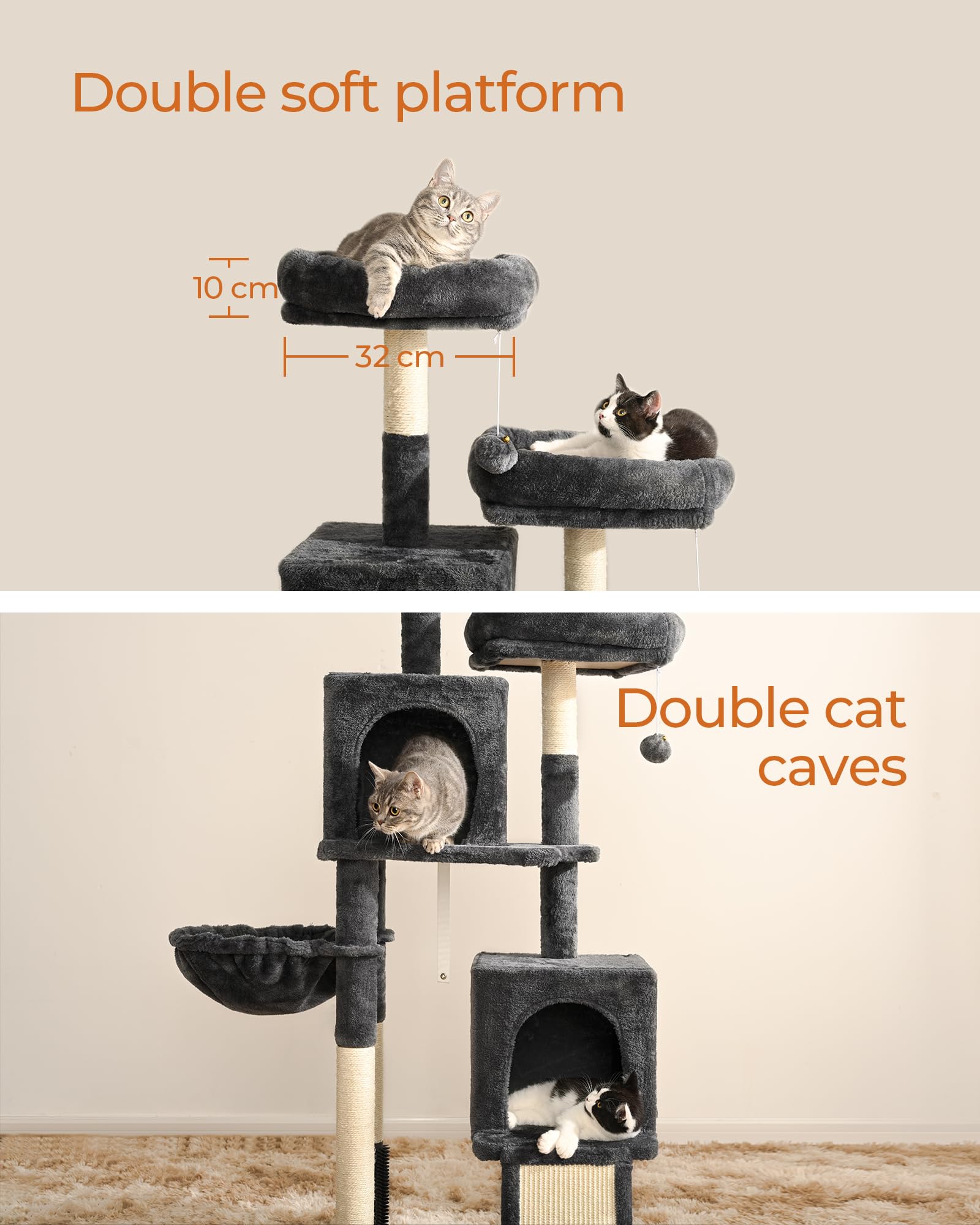 FourFurPets 156 cm Cat Scratching Post Kitty Tower Kitten Condo for Indoor Cats with Scratching Posts, Condos, Ladders, Soft Perches, Hanging Toy Cat