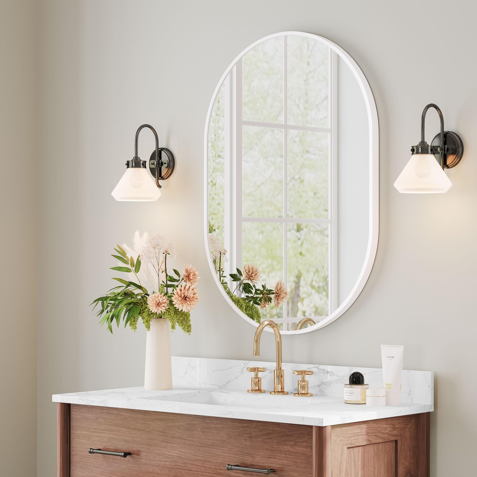 Dripex 50 x 70cm Oval Mirror, Wall Mounted Bathroom Mirror, Horizontal or Vertical Hanging Wall Mirror for Living Room, Bedroom, Entryway, White