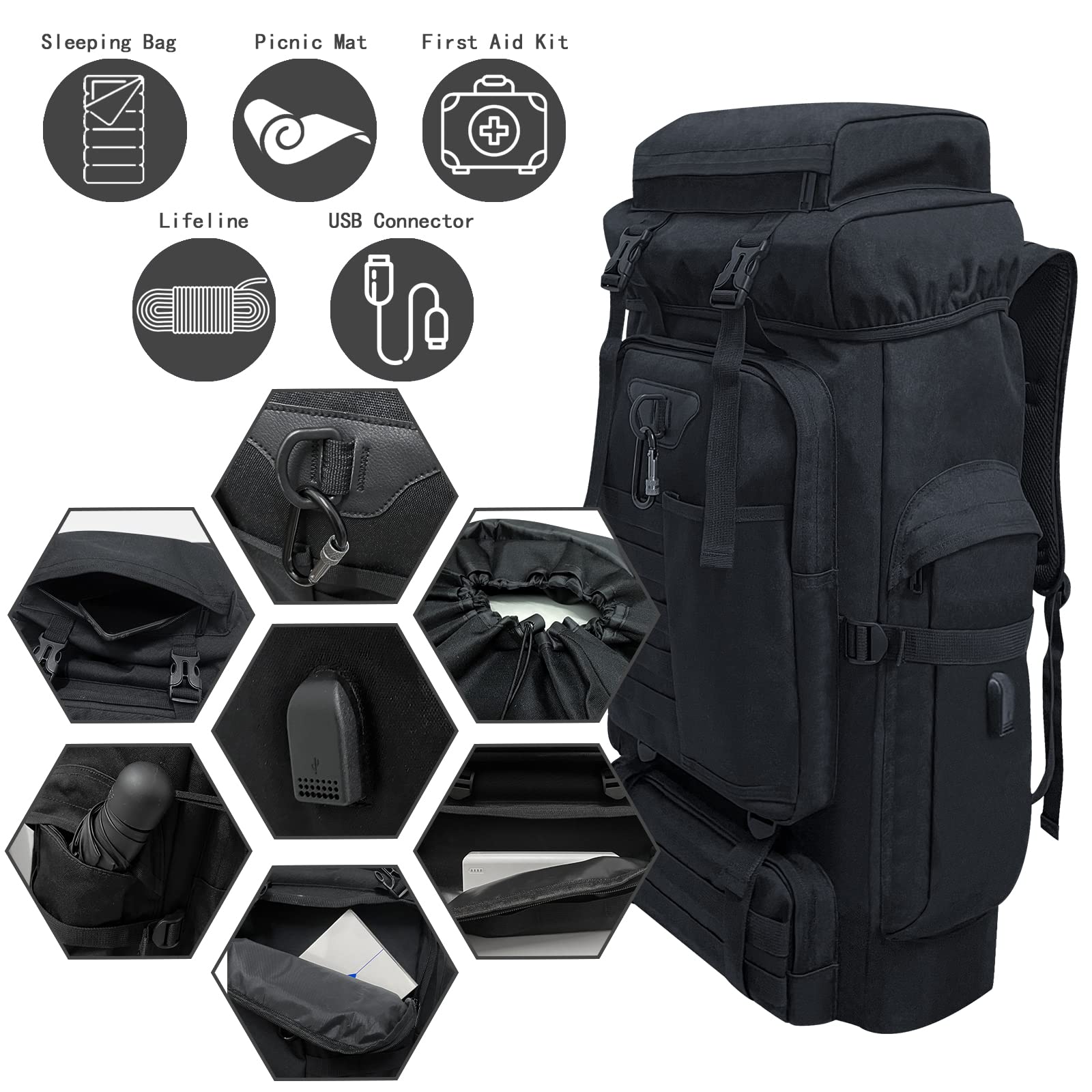 Ogetok 80L Hiking Backpack Camping Rucksack, 80 liters Large Capacity Outdoor Knapsack Travel Climbing Mountaineering Carry On Backpack Bag, Trekking Backpacking for Men Women, Black