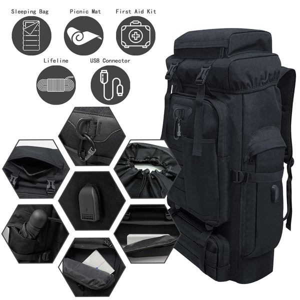 Ogetok 80L Hiking Backpack Camping Rucksack, 80 liters Large Capacity Outdoor Knapsack Travel Climbing Mountaineering Carry On Backpack Bag, Trekking Backpacking for Men Women, Black