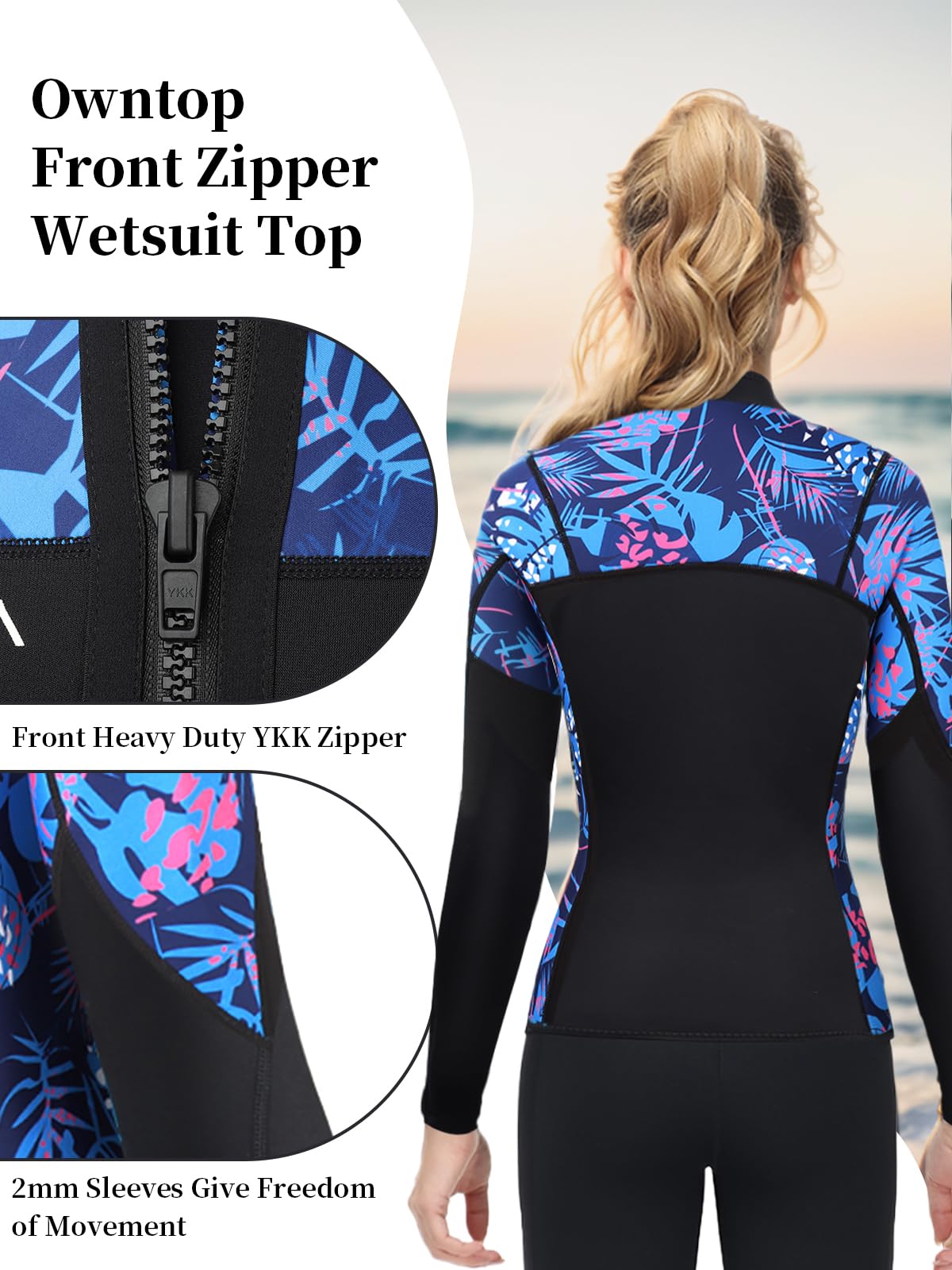 Owntop 2mm Neoprene Wetsuits Jacket for Men/Women, Long Sleeve Front Zipper, Purple, Unisex-Adults, Surfing, Scuba Diving, Paddling, Swimming