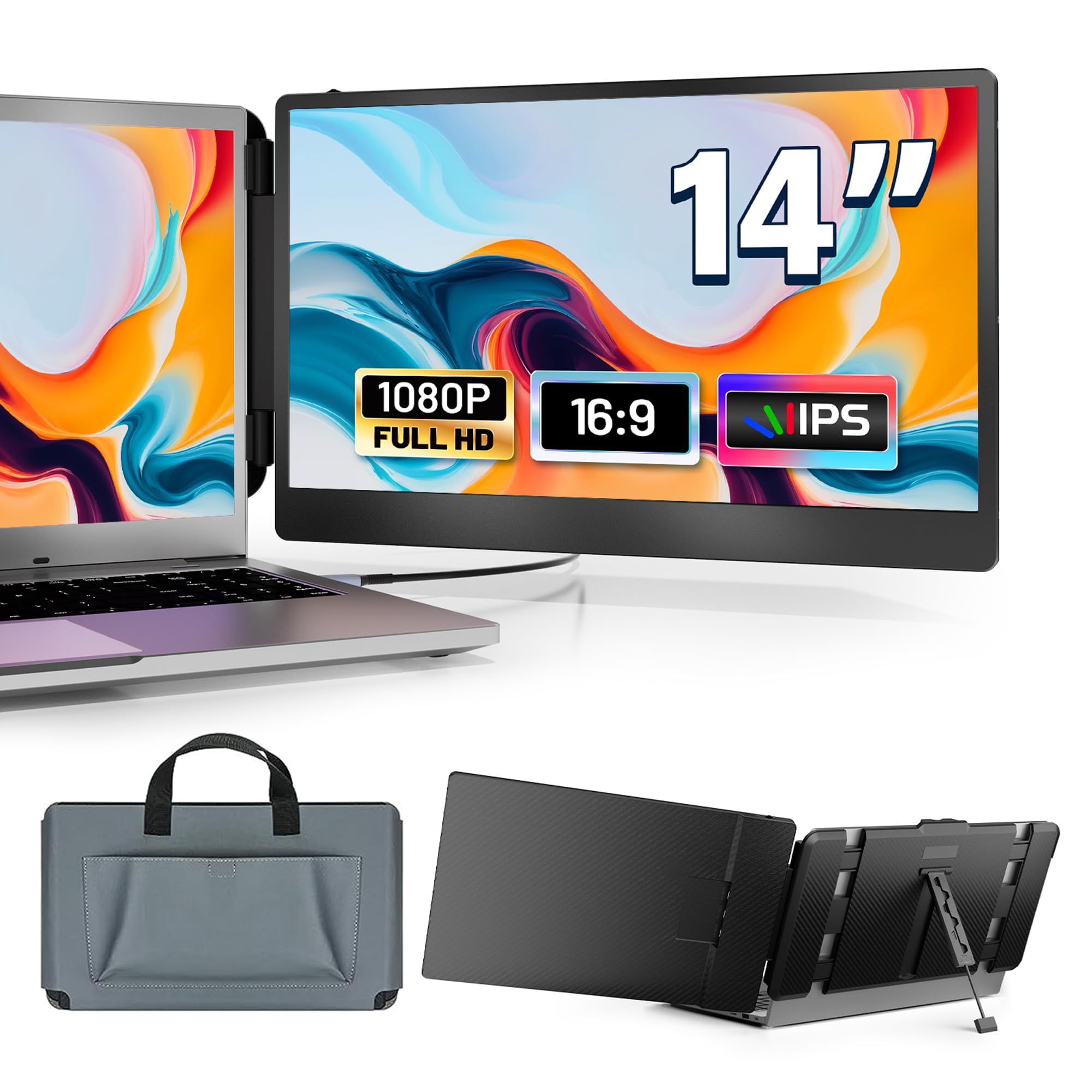 domyfan 14" Laptop Screen Extender, FHD 1080P IPS Triple Portable Monitor for Laptop, HDMI/USB-A/Type-C Plug and Play for Windows, Mac, Android, Chrome,PS5, Work with 13.3"-17" Laptops