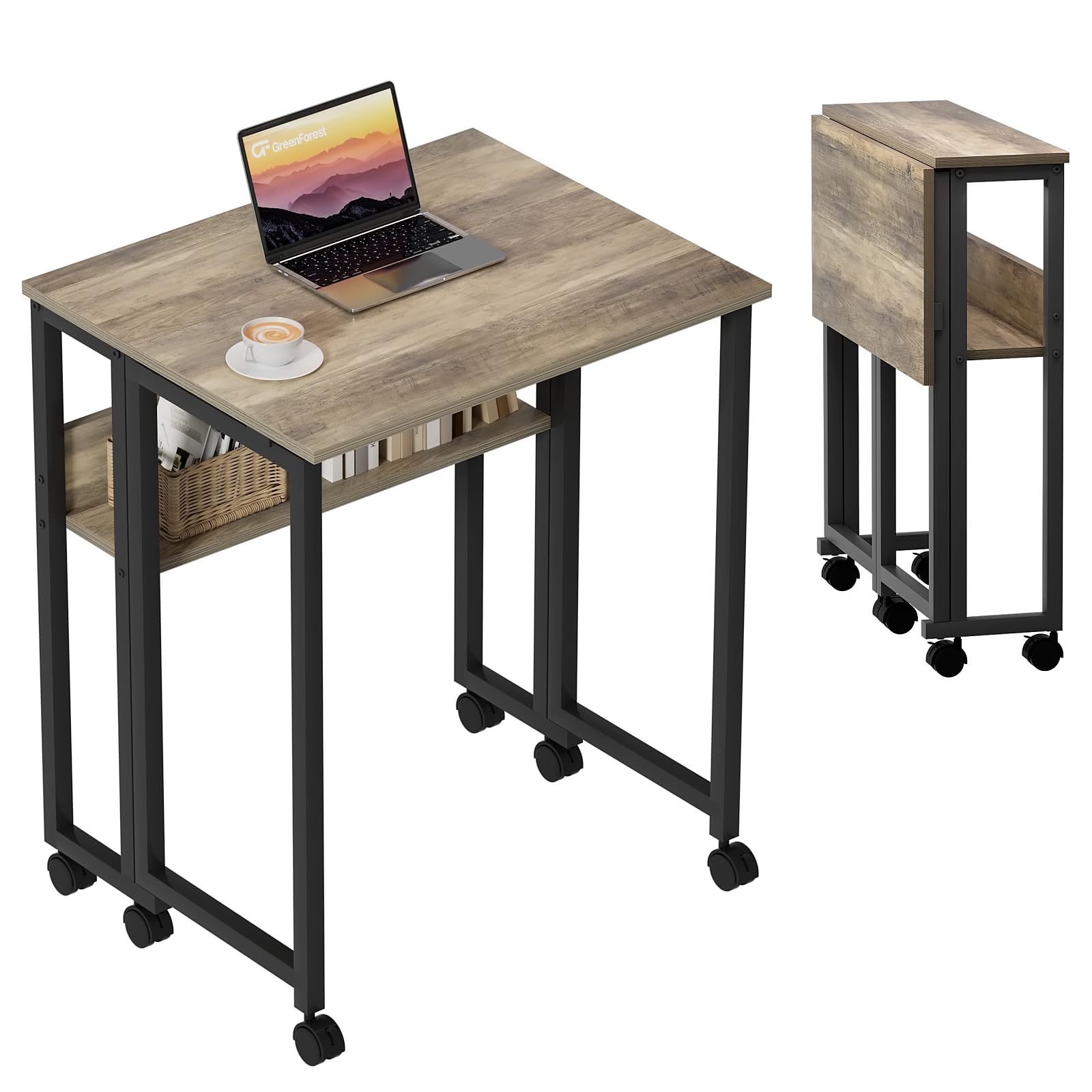 GreenForest Small Folding Desk with Storage Shelf,63 cm Computer Rolling Desk on Wheels Easy Assembly,Foldable desk for Small Space,Grey Wash
