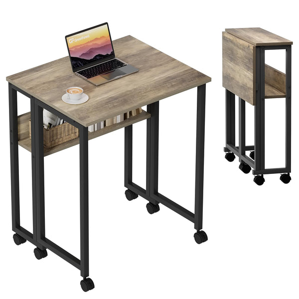 GreenForest Small Folding Desk with Storage Shelf,63 cm Computer Rolling Desk on Wheels Easy Assembly,Foldable desk for Small Space,Grey Wash
