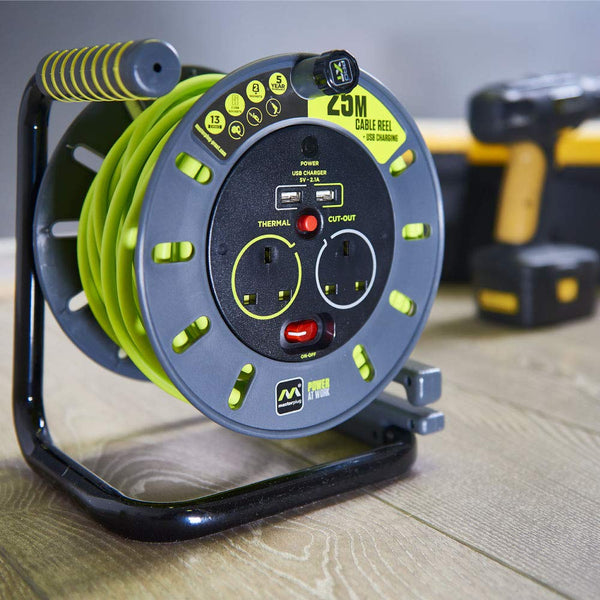 Masterplug Pro-XT Four Socket Open Cable Reel Extension Lead with Winding Handle, Thermal Cut Out and Power Switch, 25 Metres High Visibility Cable , Green