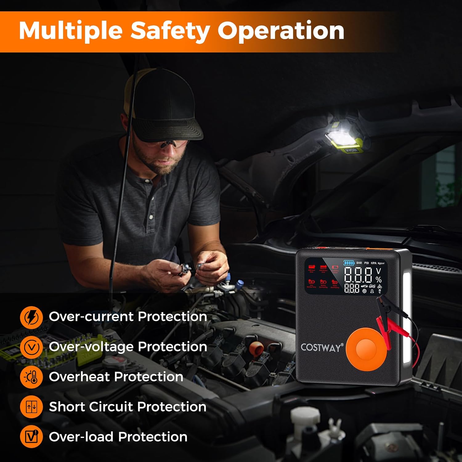 COSTWAY 5-in-1 Jump Starter with Air Compressor, 2000A Peak 13000mAh 12V Car Battery Booster Jump Starter (up to 8.0L Gas or 5.0L Diesel Engine), Powerbank Charger with Jump Leads, LED Flashlight