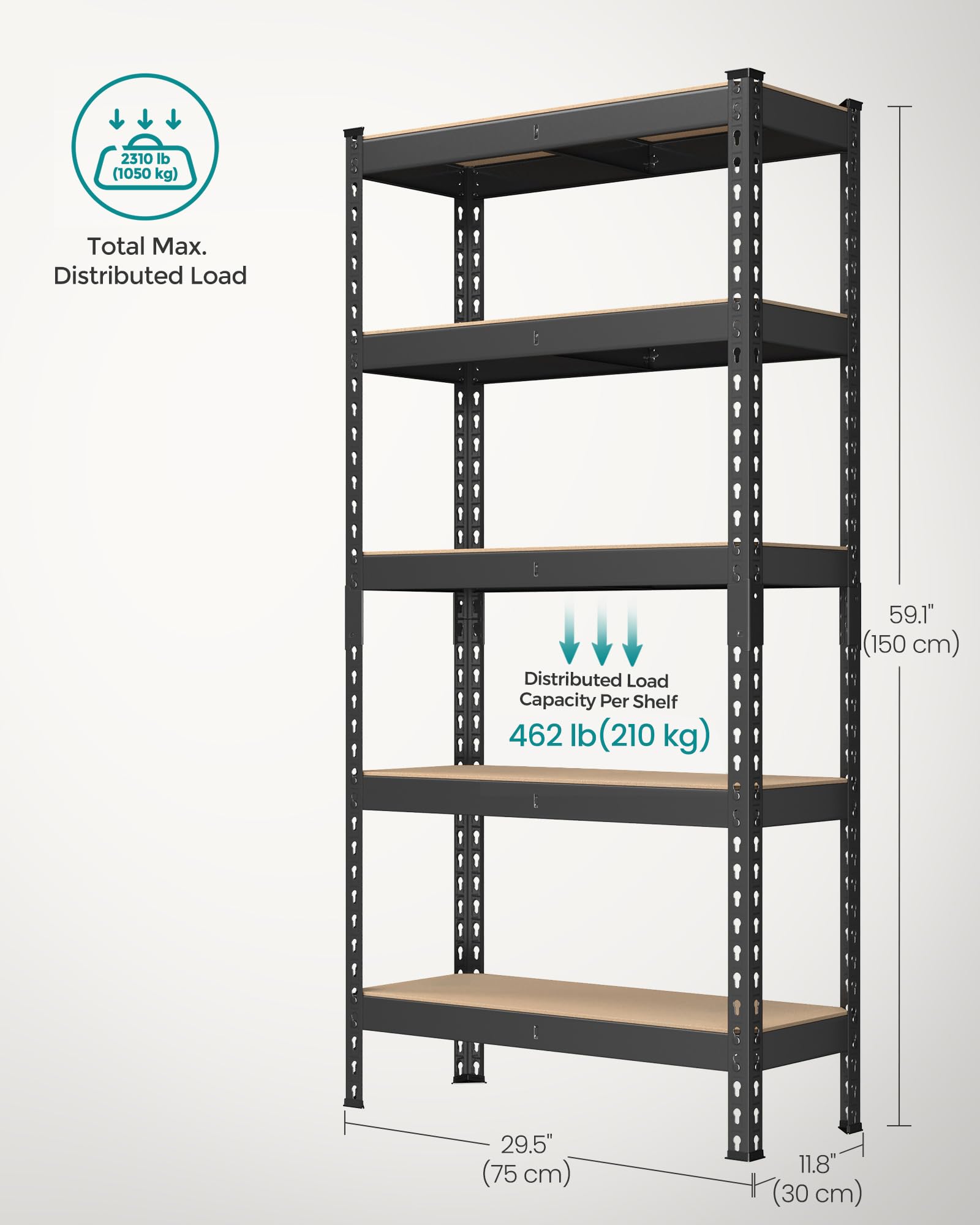 SONGMICS 5-Tier Shelving Unit, Storage Shelves, for Garage, Boltless Assembly, Adjustable Shelves, 30 x 75 x 150 cm, Load 875 kg, for Shed Warehouse Basement Kitchen, Black GLR300B01
