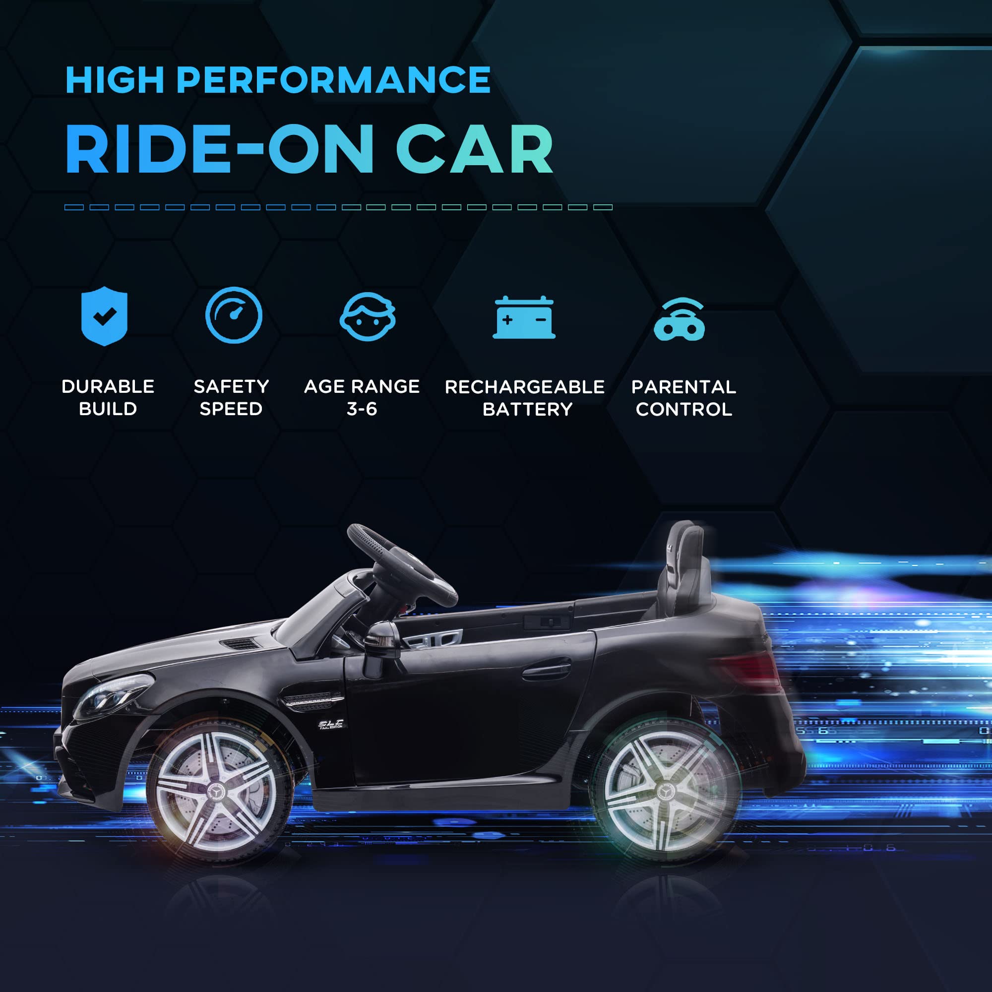 AIYAPLAY Benz SLC 300 Licensed 12V Electric Car for Kids, Kids' Electric Ride on with Parental Remote, Music Lights, Suspension Wheels for 3-6 Years, Black