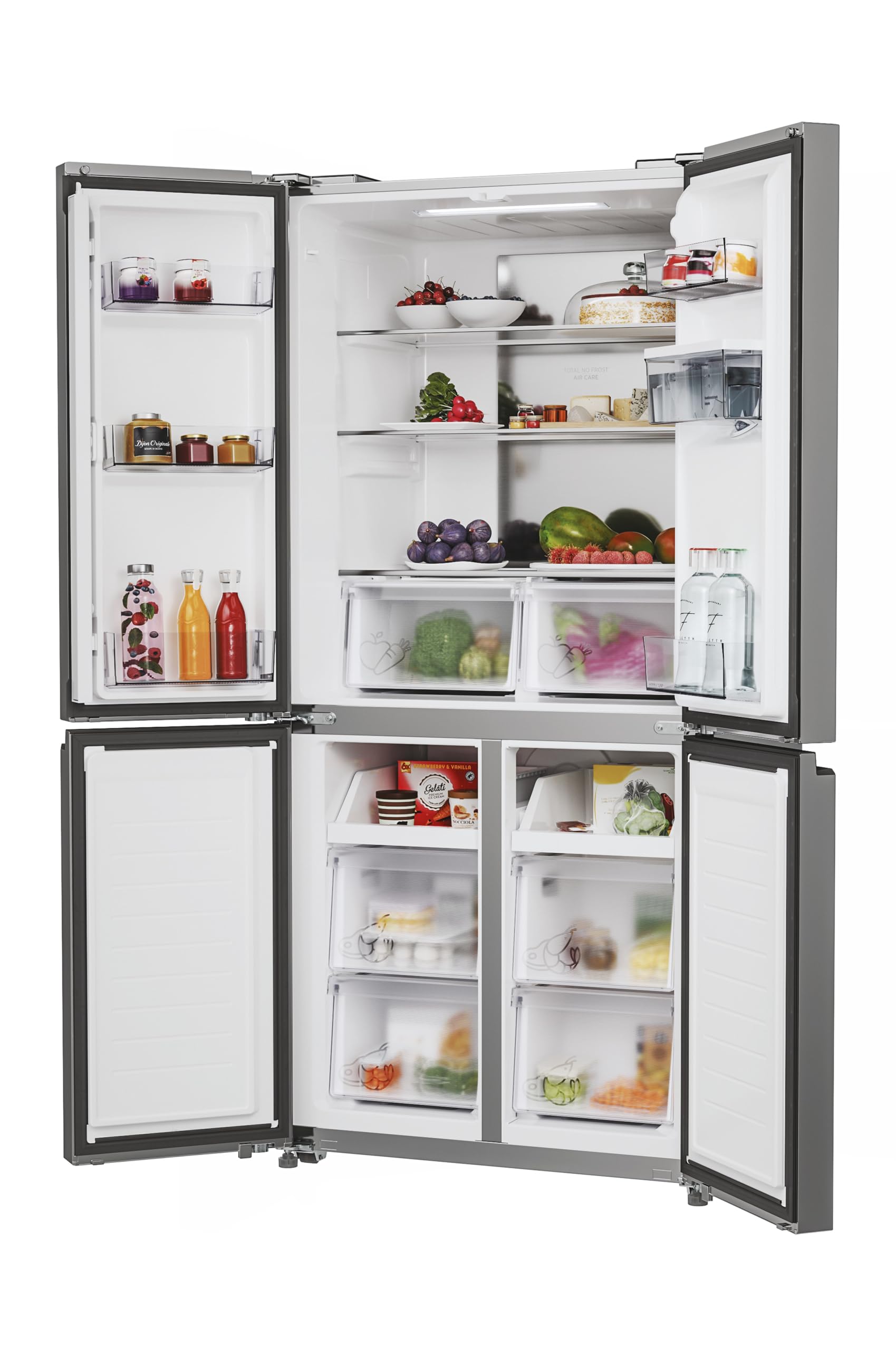 Hoover Free Standing Cube Fridge Freezer, 4 Doors, No Frost, E Class, 463L Total Capacity, Non Plumbed, Silver 83x65x181cm - HHCR3818EWPL