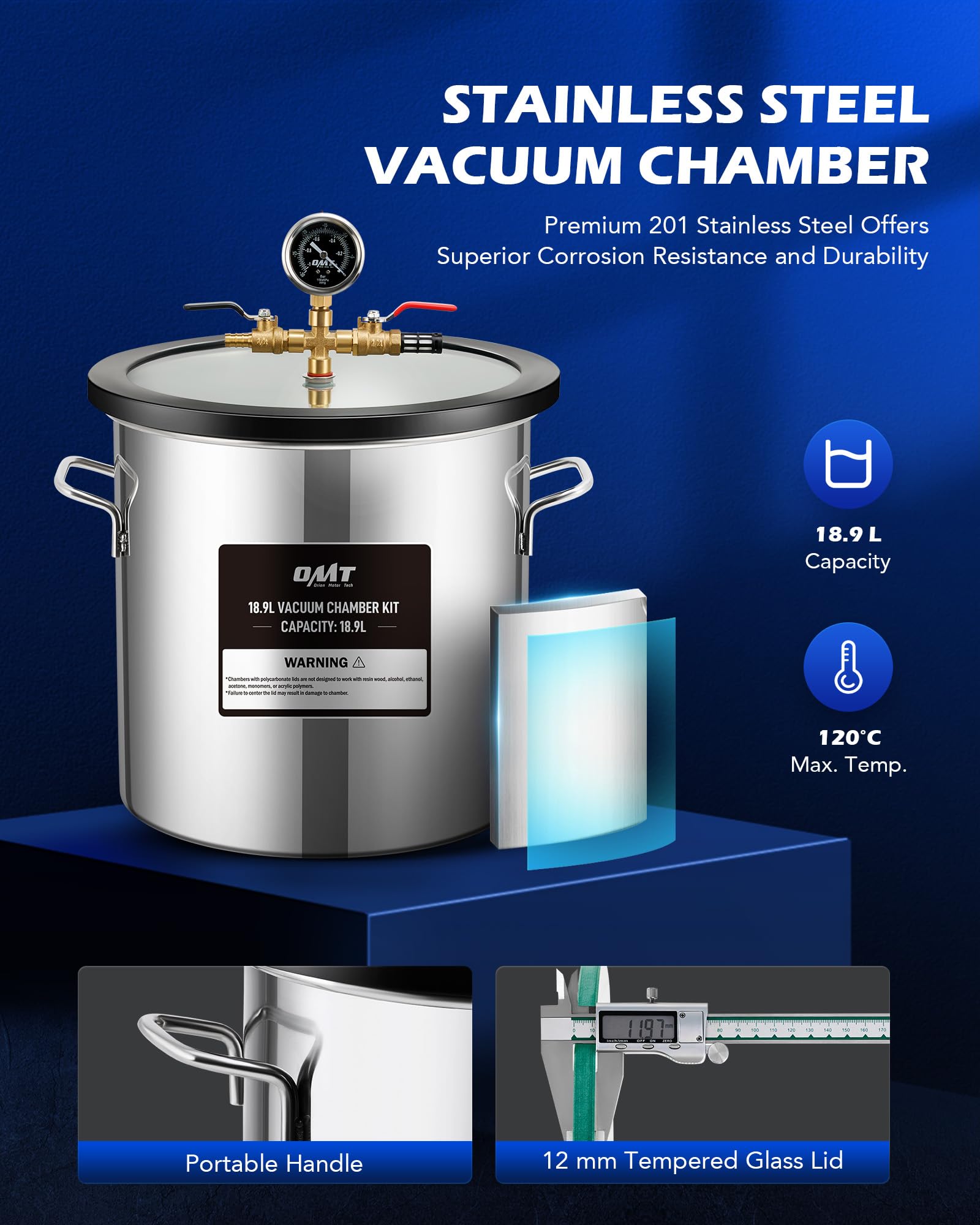 ORION MOTOR TECH 18.9 L Vacuum Chamber with Pump Kit, 3.5 cfm Vacuum Pump and Chamber Kit with Tempered Glass Lid 1.5 m Hose, Vacuum Degassing Chamber Kit for Stabilizing Wood Degassing Silicone Resin