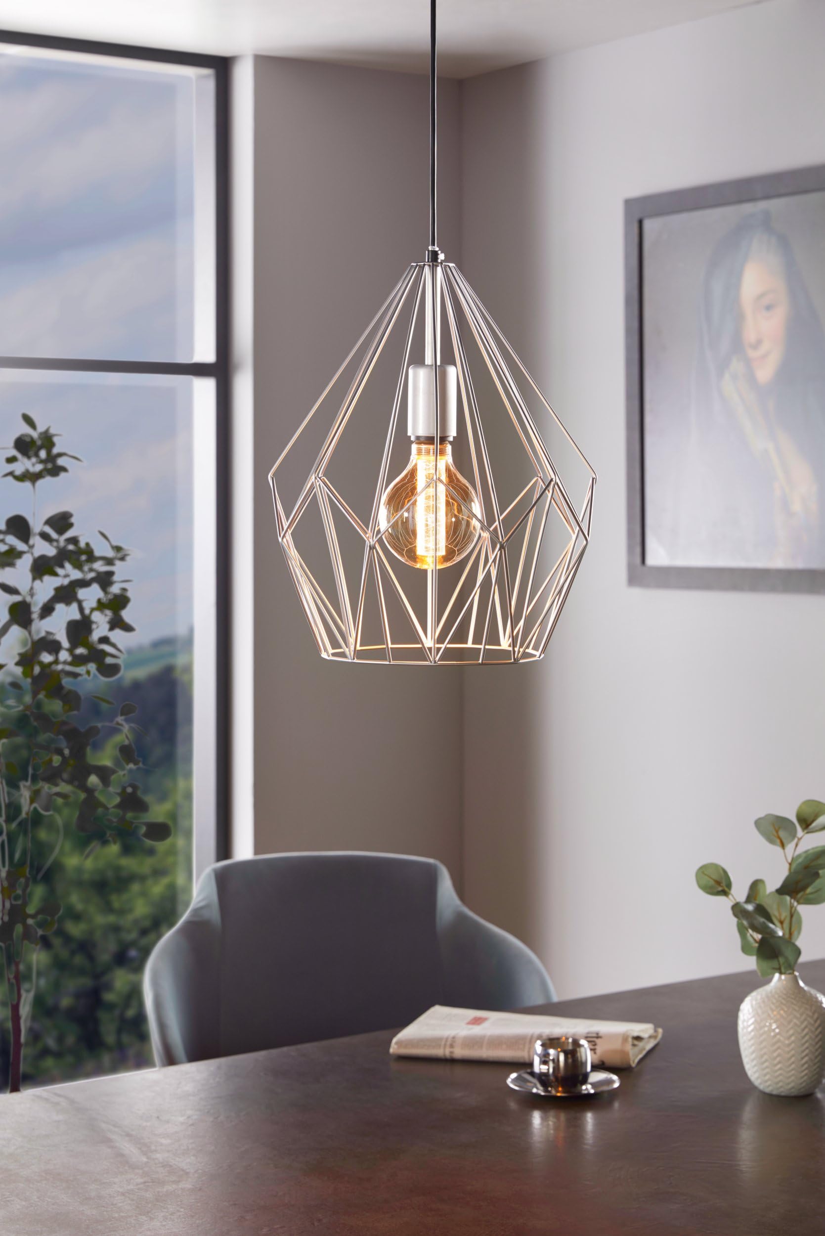 Eglo Pendant Lamp Carlton, 1 Bulb Vintage Pendant Light, Retro Hanging Lamp Made of Steel, Colour: Silver, Socket: E27