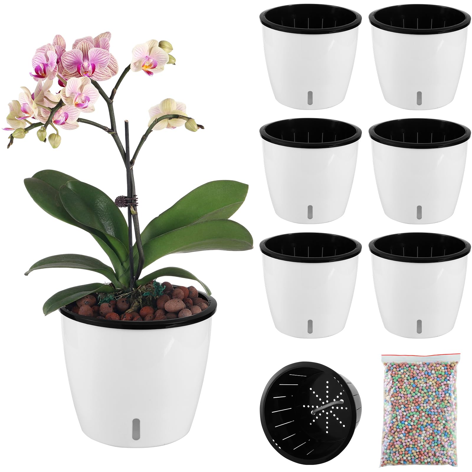 6 Pack-6.7 Inch White Self Watering Plant Pots for Indoor Plants with Water Indicator and Black Wick Pots, Large African Violet Pots, Self-Watering