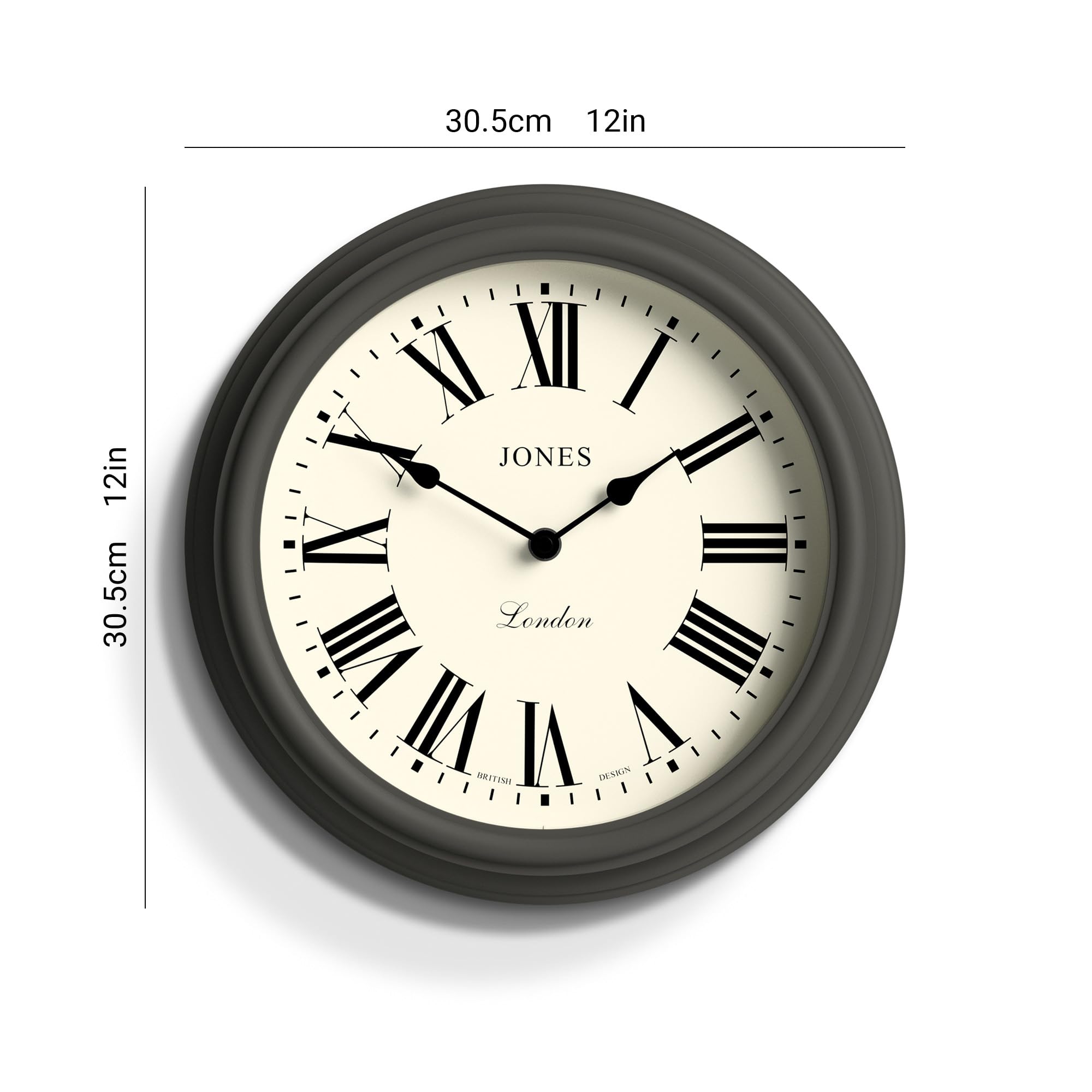 Jones Clocks Venetian wall clock | Classic round clock | 30cm | Dark grey | Roman numerals | Traditional design ideal for kitchen, living room or