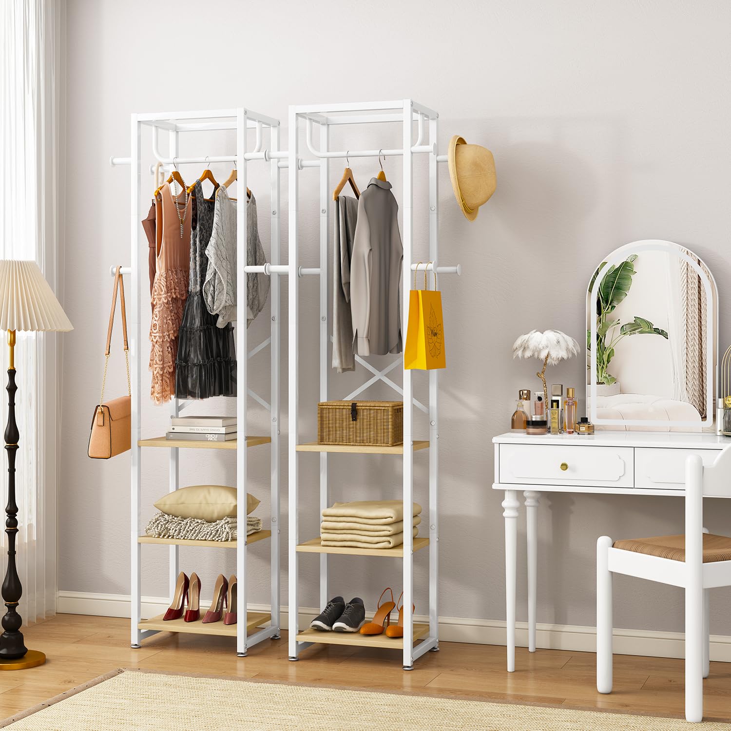 IBUYKE Coat Rack, Freestanding Coat Stand with 3 Shelves and 8 Hooks, Industrial Clothes Stand for Entryway, Hallway, Bedroom, 180 x 40 x 30 cm,