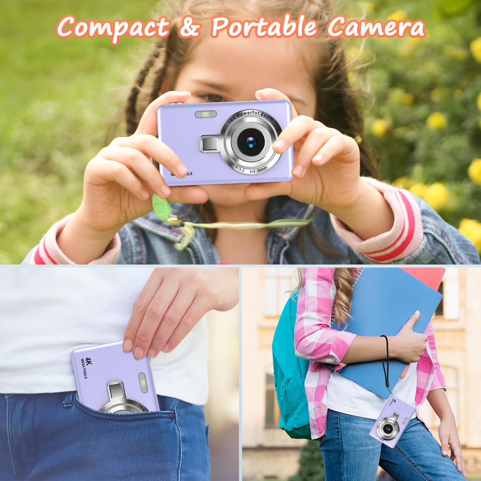 Digital Camera 1080P FHD 44MP with 2.4" LCD Screen,16X Digital Zoom, Compact Portable Vlogging Camera with 32gb SD Card for Kids Teen Students Beginner (Silver)