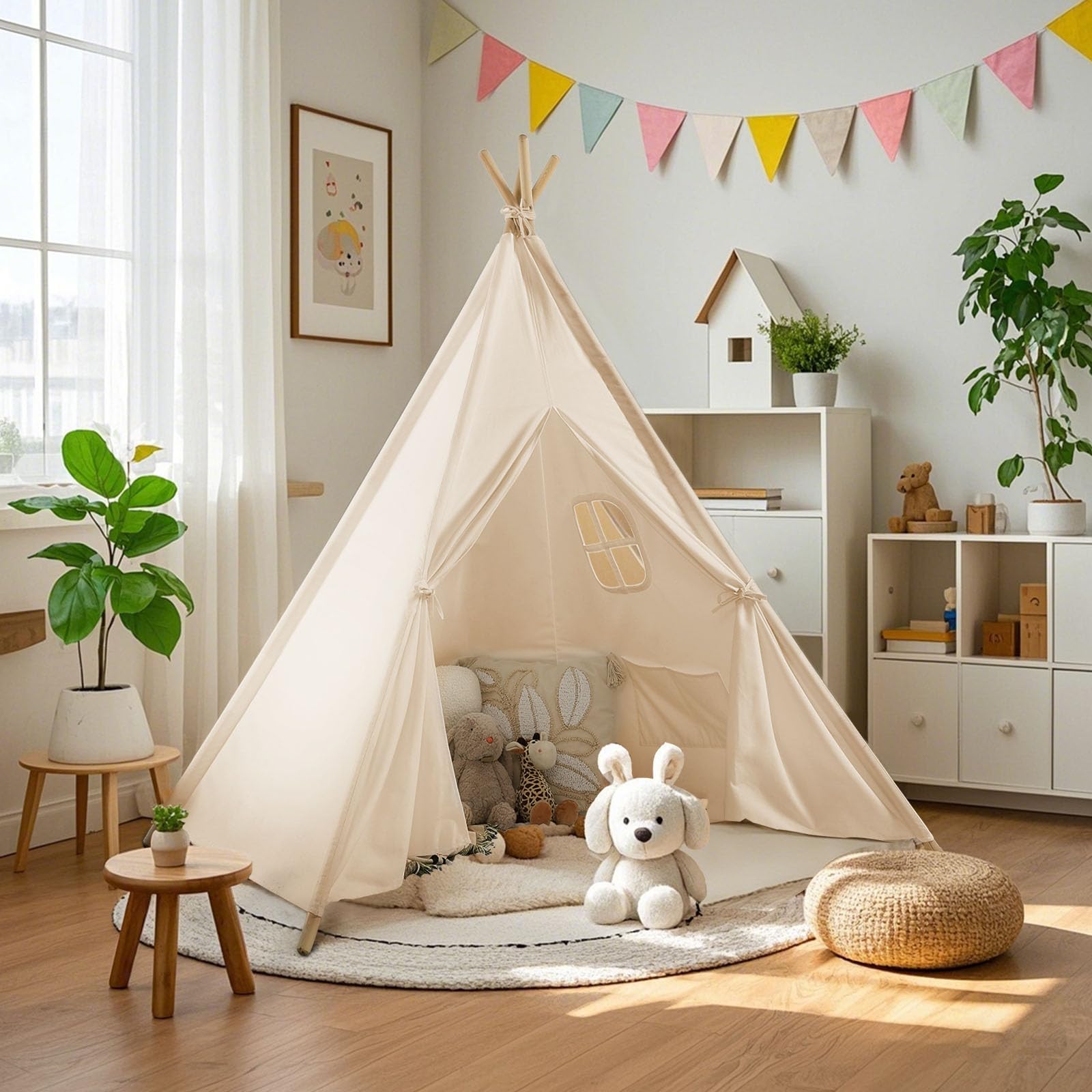 Wilwolfer Teepee Tent for Kids Foldable Children Play Tent for Girl and Boy with Carry Case 4 Poles White Canvas Playhouse Toy for Indoor and Outdoor Games