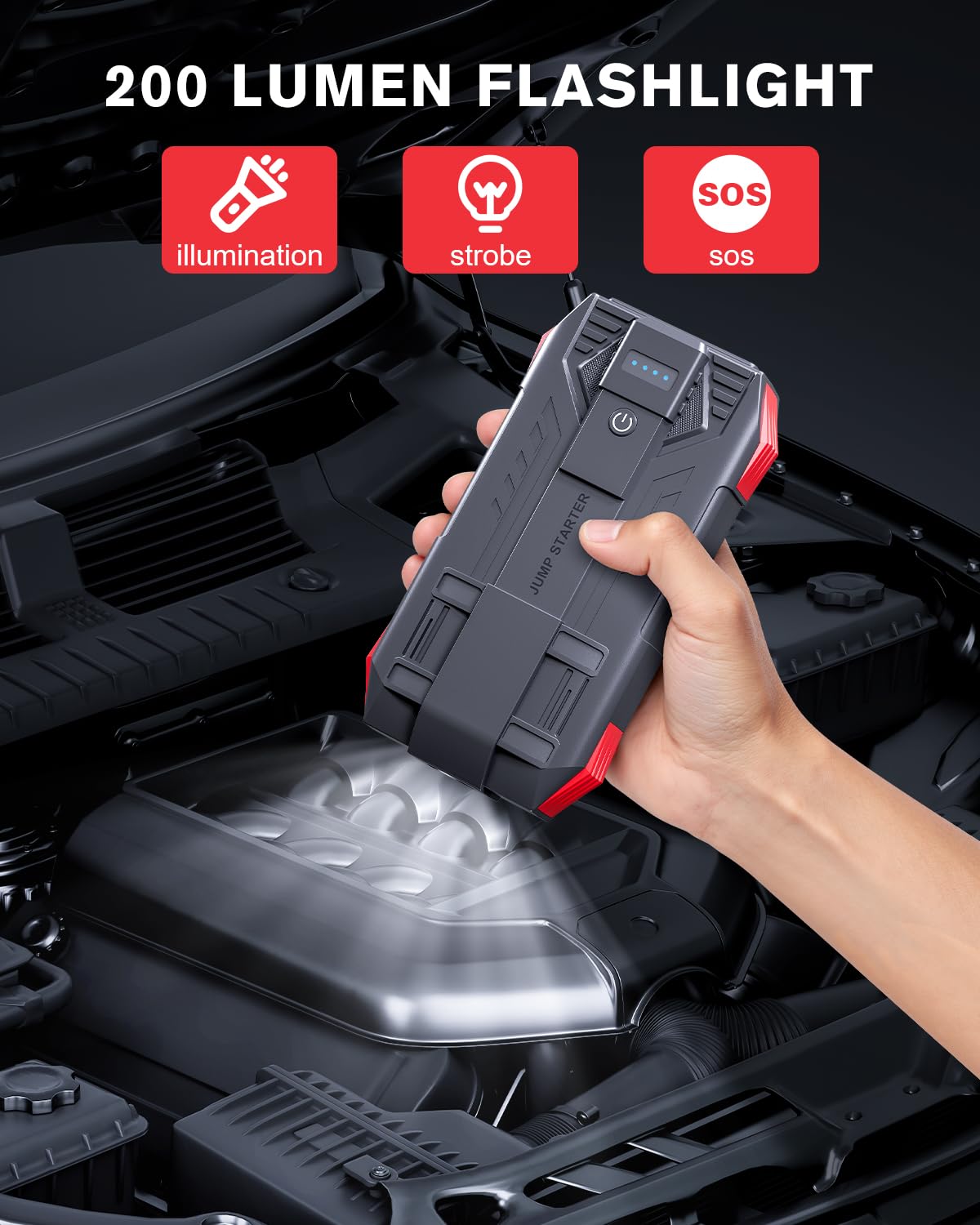 Povasee 4000A UltraSafe Jump Starter Power Pack, 12V Car Battery Booster Jump Starter Power Bank (up to 10L Petrol/8L Diesel), Jump Pack Car Starter with Jump Leads, Emergency LED and 2 USB Ports