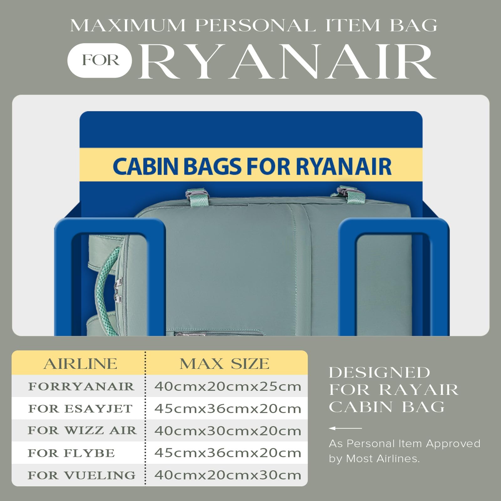 Cabin Bags 40x20x25 for Ryanair Underseat Carry-ons Bag Hand Luggage Bag Travel Backpack Cabin Size 20L