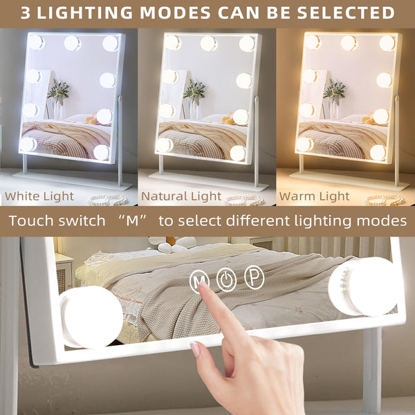 Hansong Vanity Mirror with Lights Light up Vanity Makeup Mirror with 9 LED Bulbs Tabletop Plug in Makeup Mirror with Lights 360 Rotation with 10x