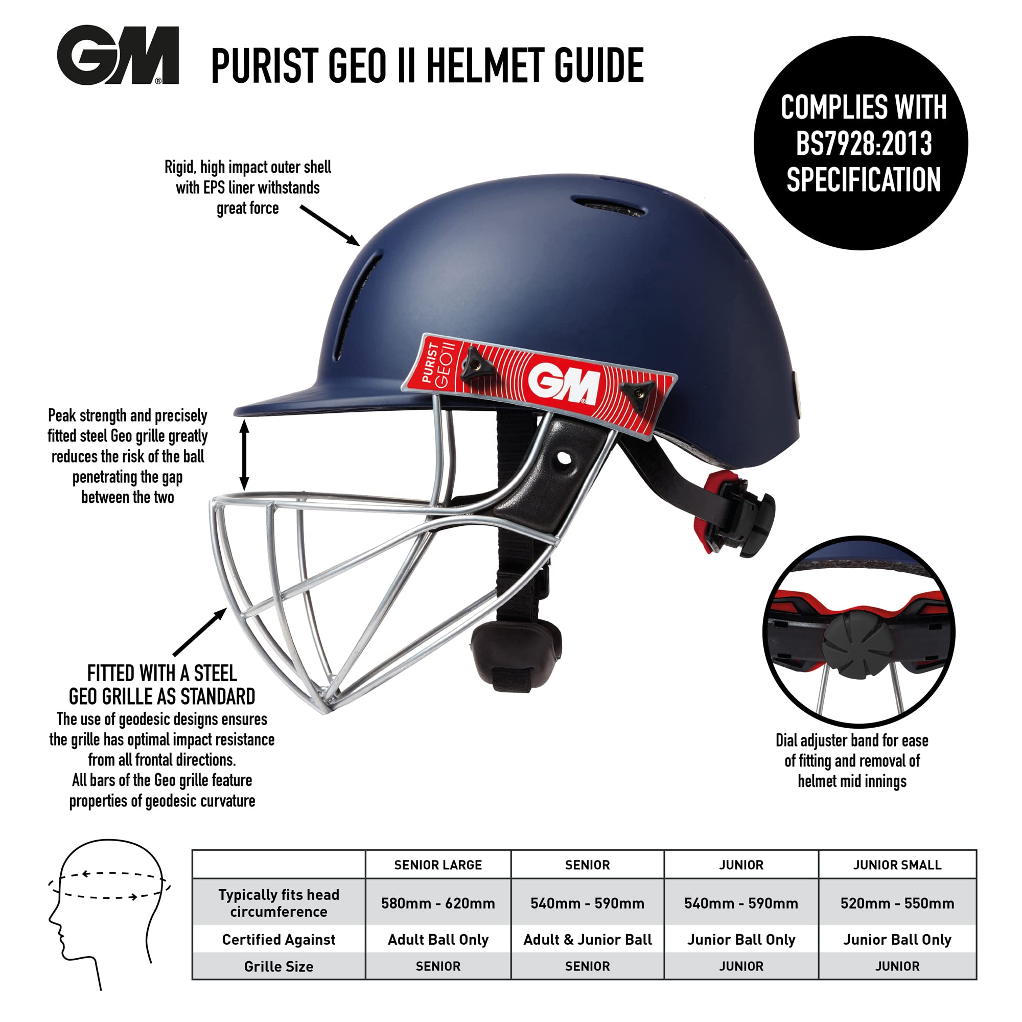 Gunn & Moore GM Purist GEO II Cricket Batting Helmet, BSI Approved, Geodesic Ultra-Strong Grille, Navy, Senior 540 - 590 mm