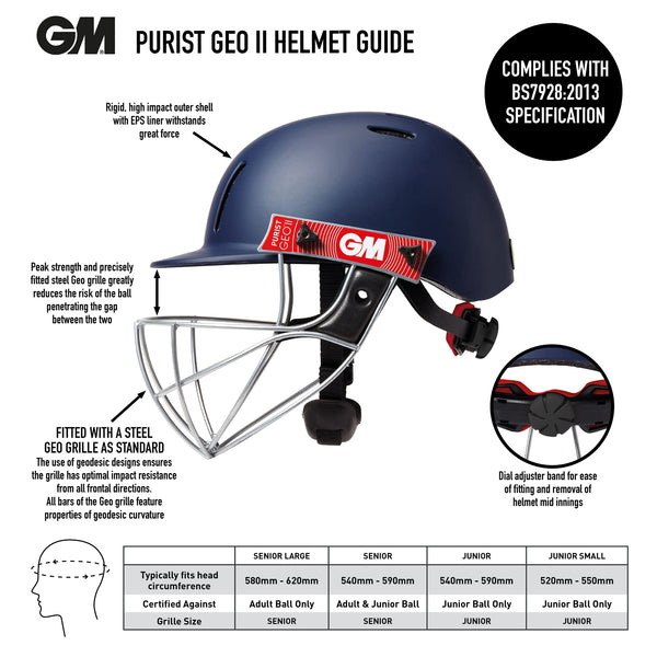 Gunn & Moore GM Purist GEO II Cricket Batting Helmet, BSI Approved, Geodesic Ultra-Strong Grille, Navy, Senior 540 - 590 mm