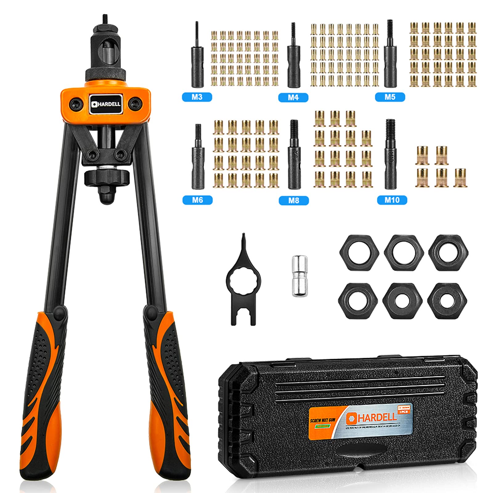 HARDELL Rivet Nut Tool, 14" Rivnut Tool with 100 Pcs Rivet Nuts and 7 Metric & Inch Mandrels M6 M8 M10, 1/4-20, 5/16-18, 3/8-16, 10-24 and Rugged Carrying Case