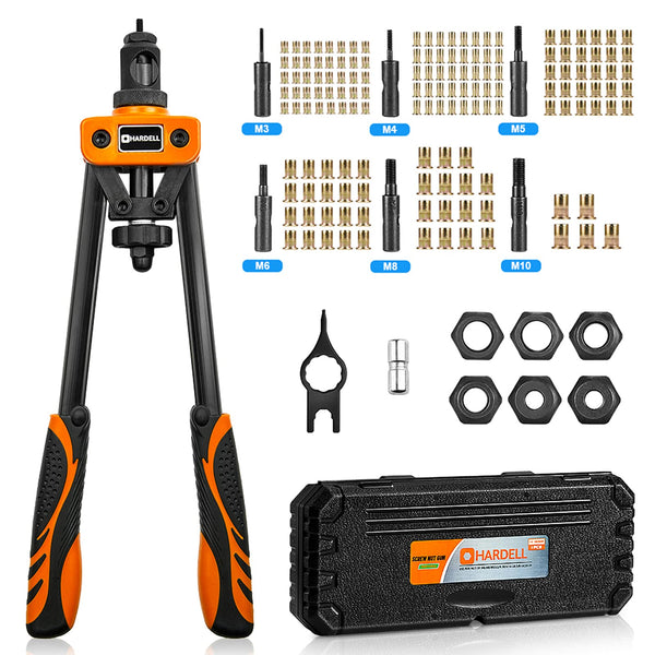 HARDELL Rivet Nut Tool, 14" Rivnut Tool with 100 Pcs Rivet Nuts and 7 Metric & Inch Mandrels M6 M8 M10, 1/4-20, 5/16-18, 3/8-16, 10-24 and Rugged Carrying Case