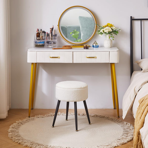 Aibiju Round Footrest Stool with Storage, Faux Teddy Fur Dressing Table Chair, Makeup Vanity Stool Side Table with Metal Legs for Bedroom, Living