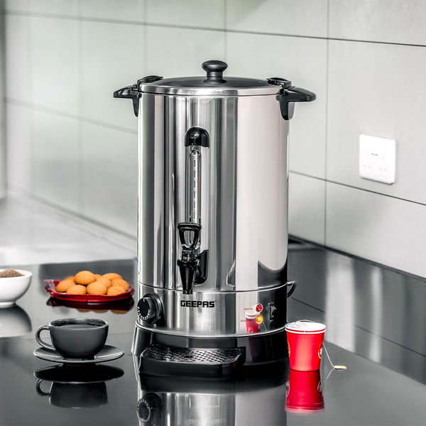 Geepas Electric Catering Urn, 1650W Instant Hot Water Boiler Dispenser - Tea Urn Kettle Home Brewing Commercial Office Use with Keep Warm - Easy Pour Tap, 15 Litre, Stainless Steel – 2 Year Warranty
