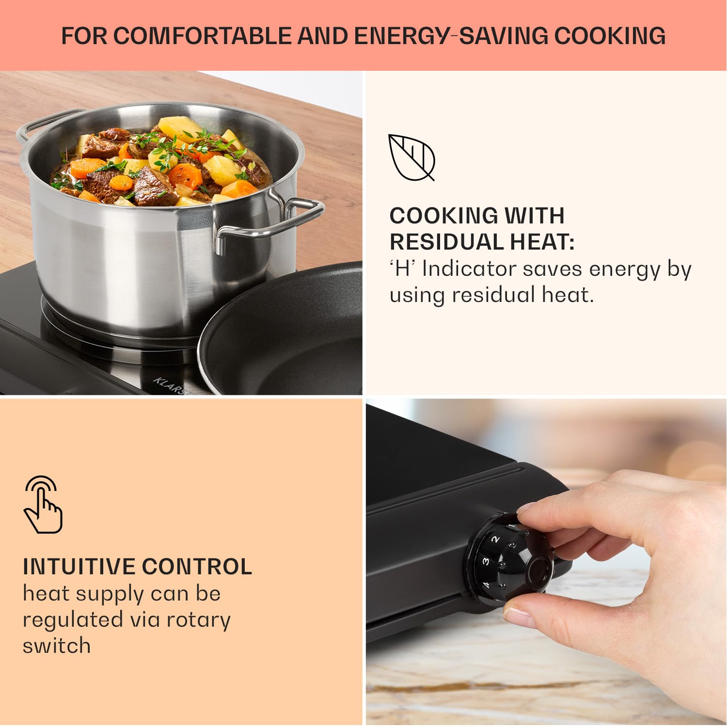 Klarstein Ceramic Hob, 2400W Electric Hob Ceramic Cooker, 2 Ring Electric Pan Hob, Built-In Table Top Cookers w/ 2 Hobs, Stainless Steel Ceramic Heater Cooktops, Electric Hot Plates for Cooking