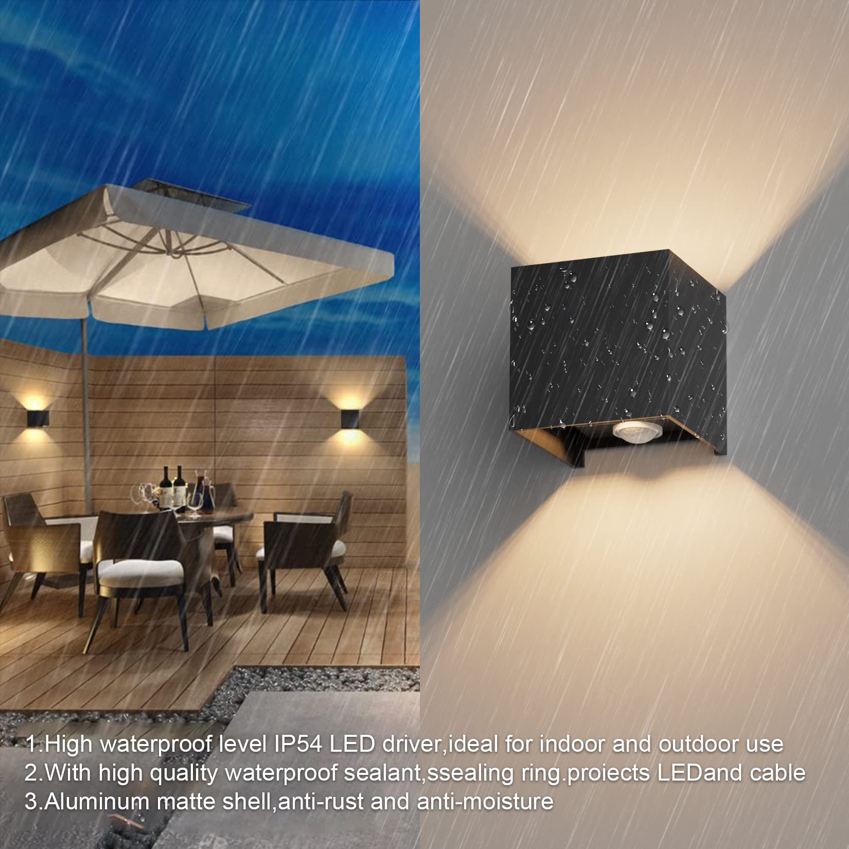 Klighten 2PCS Outdoor Wall Light with Motion Sensor, Waterproof IP54 Outside Wall Lamps with Sensor, Adjustable Beam Angle, Warm White 3000K, Black