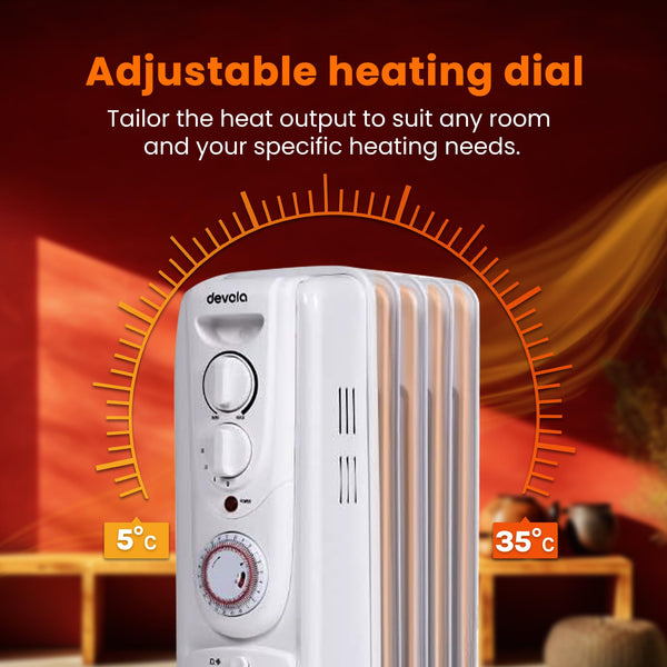Devola 1500W 5 Fin Oil Filled Radiator, Low Energy Electric Heater with Thermal Fuse for Overheat Cut Off, Adjustable Heating Dial, Turbo Heating Option via PTC Fan, 24 Hour Timer - DVSOR5F15W (White)