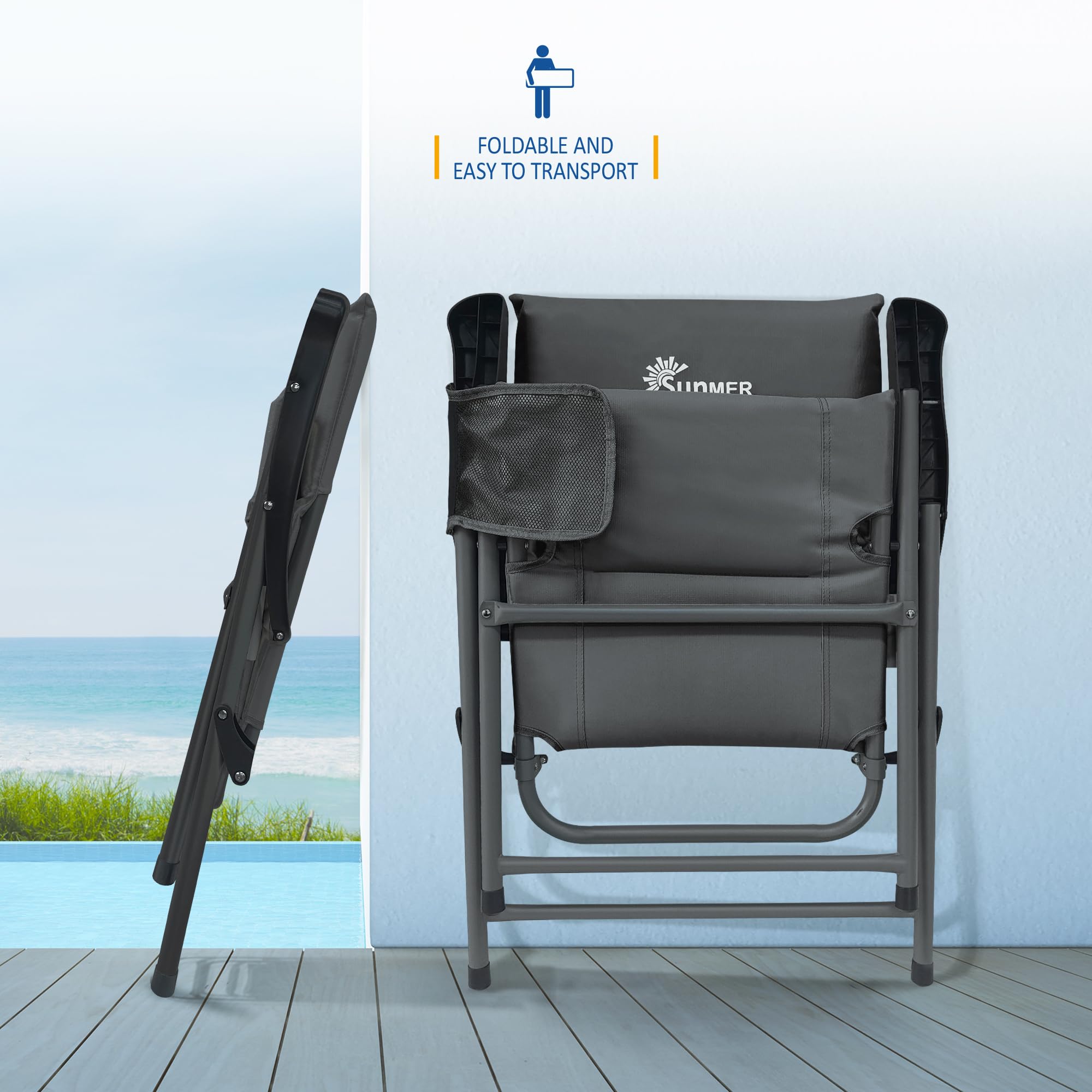 SUNMER Padded Garden Camping Chairs Foldable with Side Pocket, Holds up to 120kg, Lightweight 4kg per Chair, Outdoor Seat for Camping, Fishing, Relaxing - Black