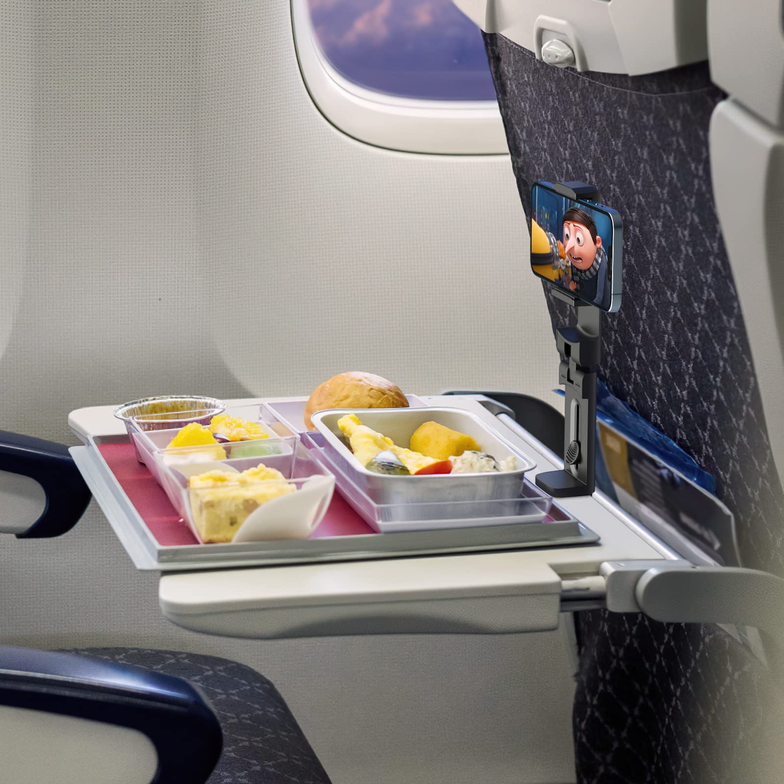 Airplane Phone Holder - Klearlook 4 in 1 Adjustable Phone Stand for Travel,360 Rotation Handsfree Viewing Flight Phone Holder,Foldable Travel Essential,Accessory for Flying/Traveling/Home/Office-Black