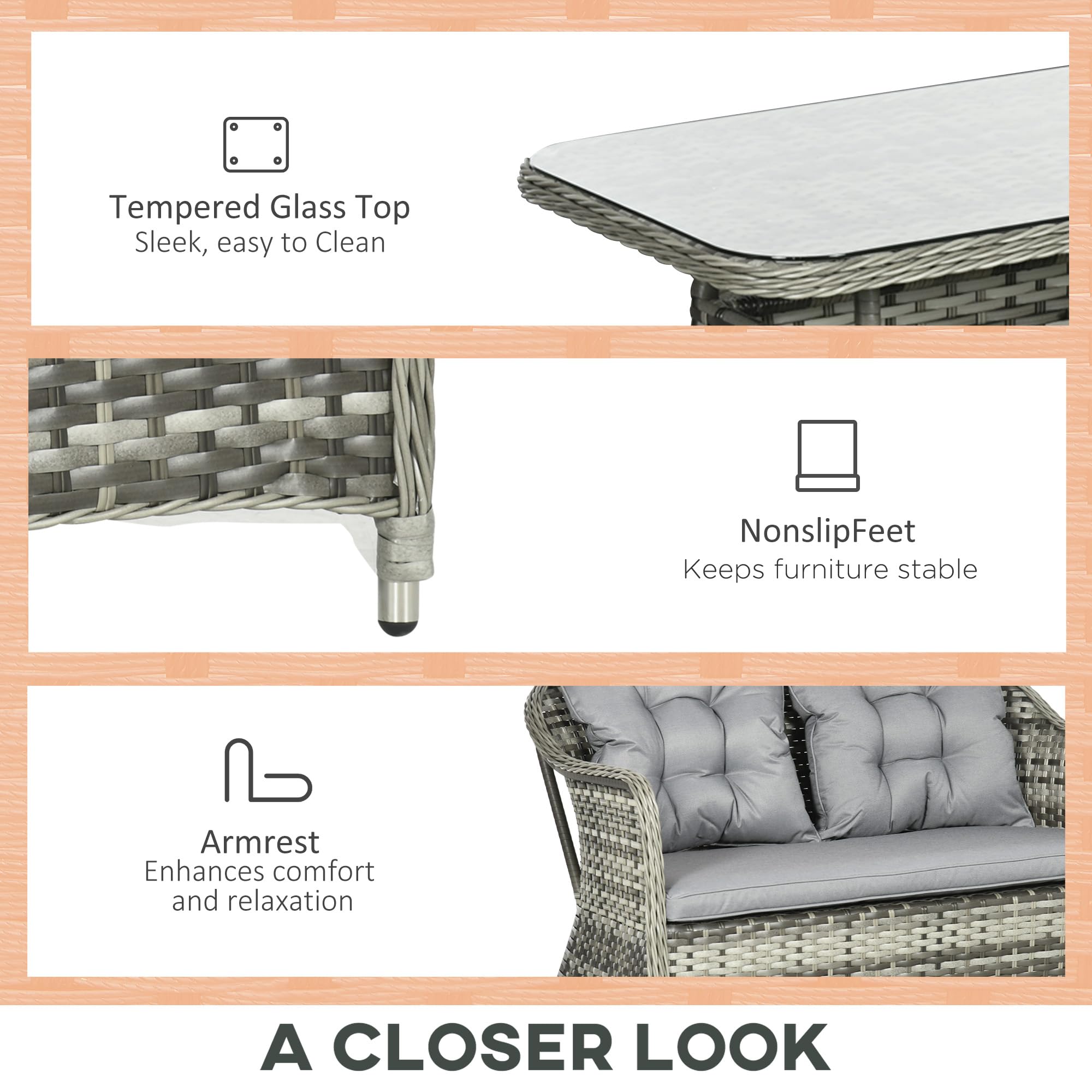 Outsunny 4 Pieces Rattan Garden Furniture Set, Round Wicker Garden Sofa Set with Loveseat, Armchairs and Glass Top Table, Outdoor Conservatory Furniture with Cushions for Patio, Balcony, Light Grey