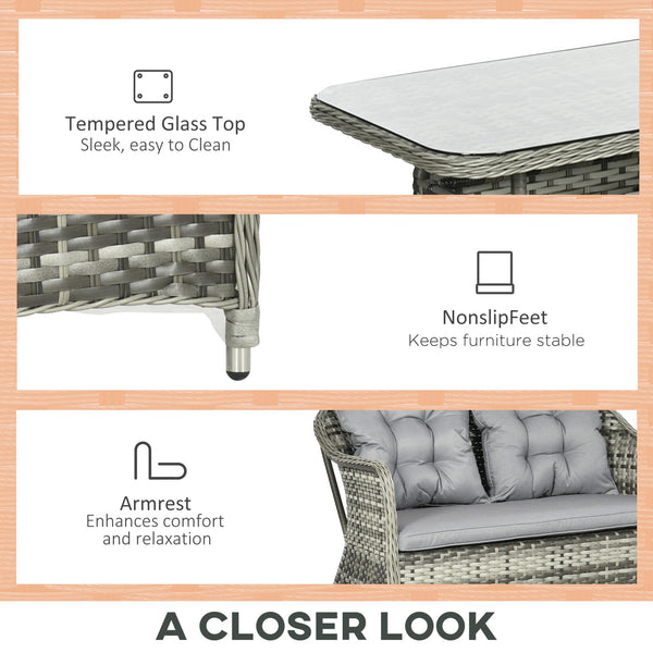 Outsunny 4 Pieces Rattan Garden Furniture Set, Round Wicker Garden Sofa Set with Loveseat, Armchairs and Glass Top Table, Outdoor Conservatory Furniture with Cushions for Patio, Balcony, Light Grey