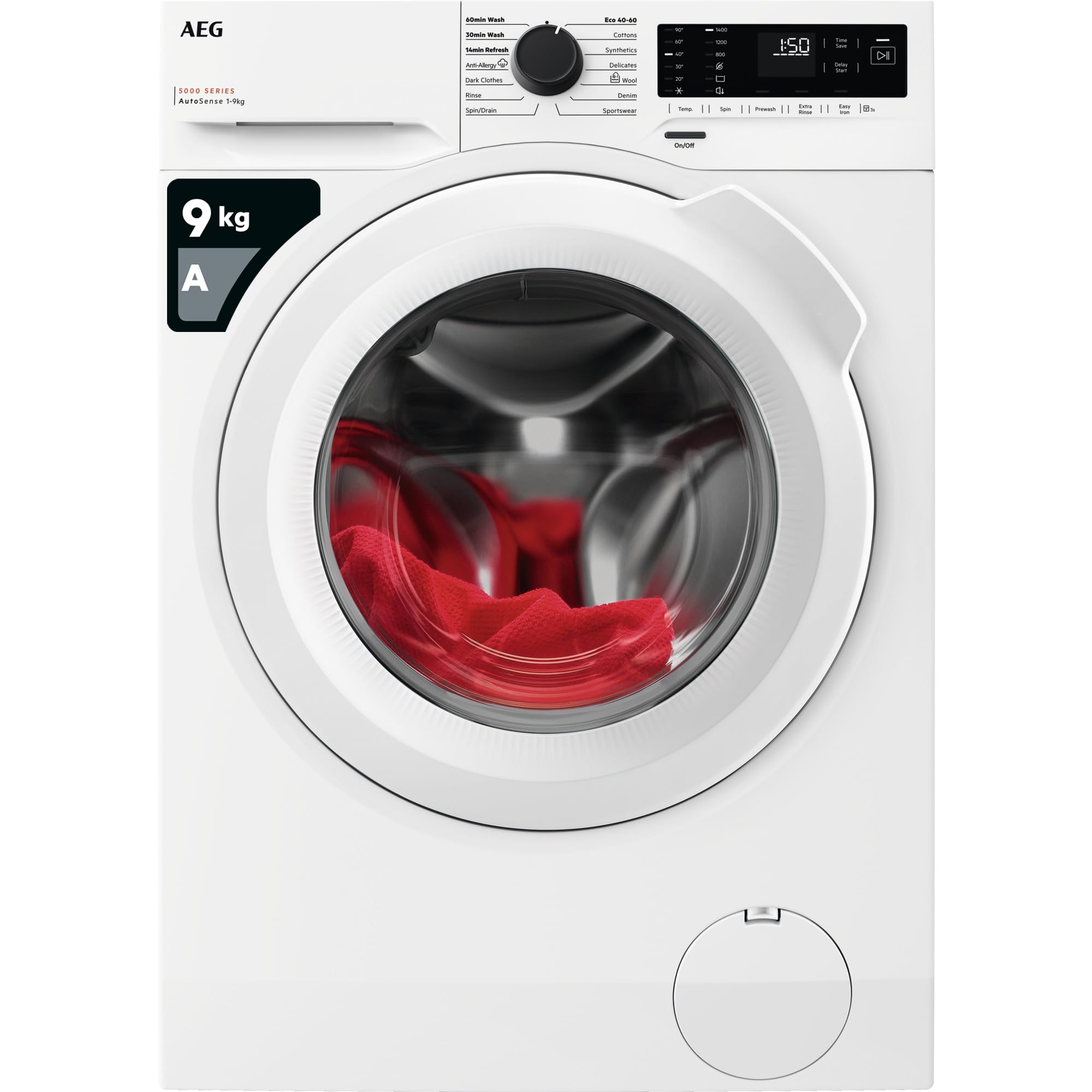 AEG 5000 Series Freestanding Washing Machine LFX50942B, Front Loading Full Size, 9kg, 1400 rpm, AntiAllergy Program, Quick Wash, TimeSave to Adjust Washing Cycles, Class A, White