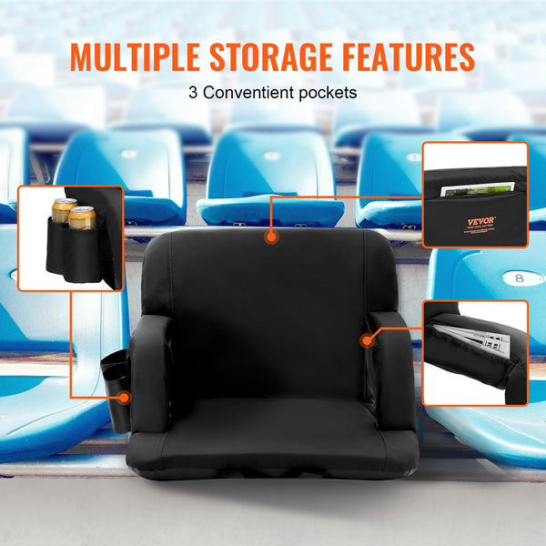 VEVOR Stadium Seat with Back Support, Wide Bleacher Seat Backs, Folding Padded Cushion Stadium Chair, Portable Reclining Chairs with Hook Pocket Cupholder, Ideal for Sport Event Beach Concert (2 Set)