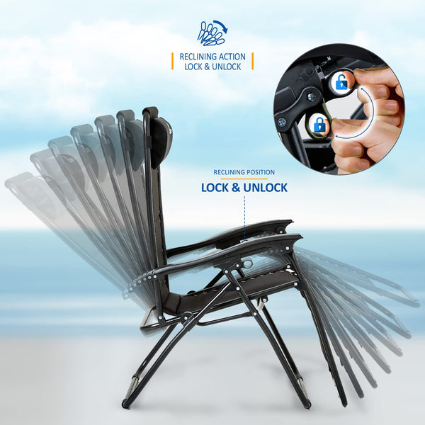 Set of 2 Sun Lounger Garden Chairs With Cup And Phone Holder | Adjustable Headrest Pillow | Deck Folding Recliner Zero Gravity Outdoor Chair - Black