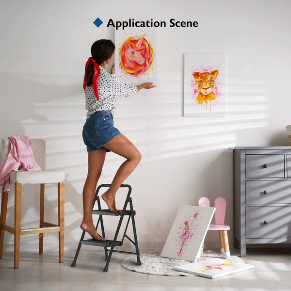 BONTEC 2 Step Ladder, Capacity 150KG with Wide Anti-Slip Pedals, Folding Steel Step Stool, Sponge Handlebar, Lightweight Portable Ladder Suitable for Home, Kitchen, Pantry, Indoor/Outdoor Use, Black