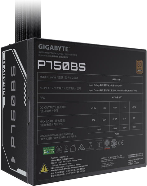 Gigabyte P750BS 80 Plus Bronze Non Modular 750w Power Supply Unit, Flat Cables, 3 Year Warranty