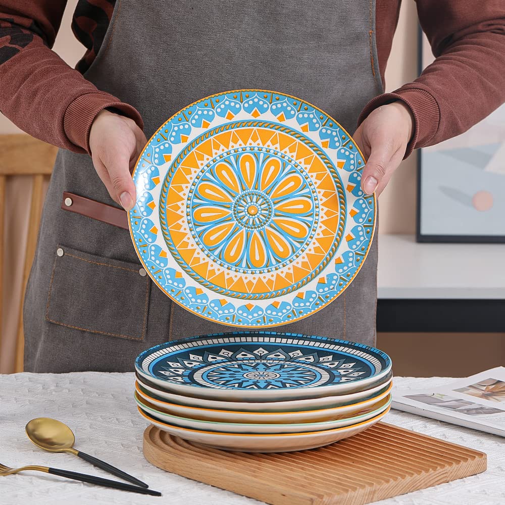 AHX Dinner Plates Set of 6-10 Inch Large Ceramic Plate for Salad, Pasta, Steak - Colorful Patterns - Dishwasher and Microwave Oven Safe