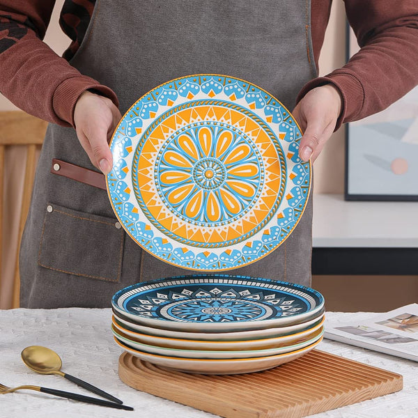 AHX Dinner Plates Set of 6-10 Inch Large Ceramic Plate for Salad, Pasta, Steak - Colorful Patterns - Dishwasher and Microwave Oven Safe