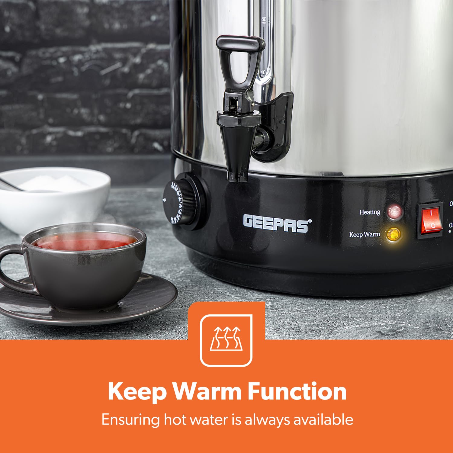 Geepas Electric Catering Urn, 1650W Instant Hot Water Boiler Dispenser - Tea Urn Kettle Home Brewing Commercial Office Use with Keep Warm - Easy Pour Tap, 15 Litre, Stainless Steel – 2 Year Warranty